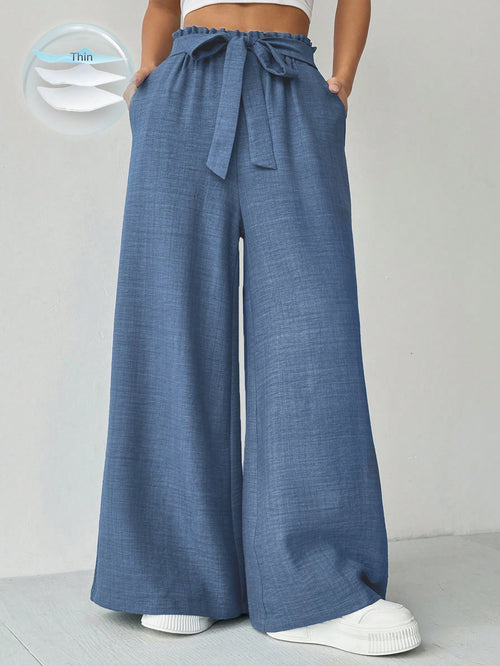 Chiquease Women'S Solid Color High-Waist Belted Wide Leg Casual Pants with Pockets